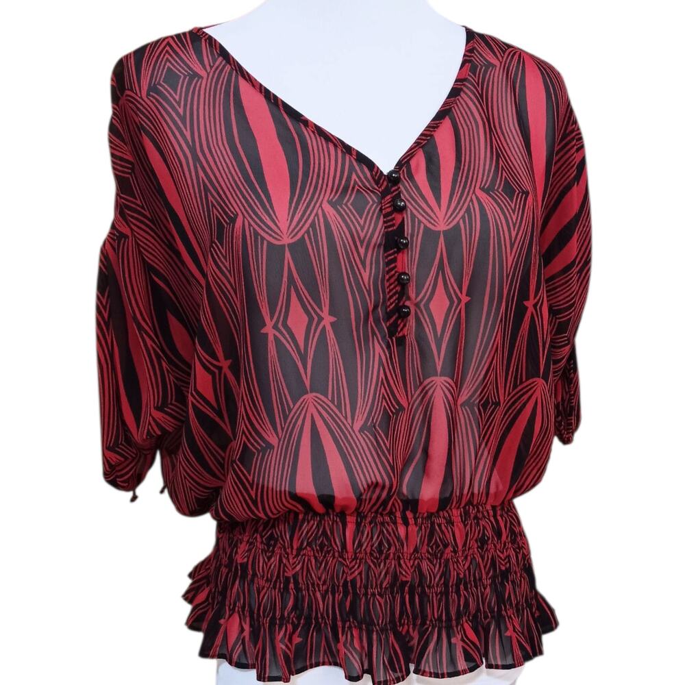 Y2K VINTAGE Sheer Top Blouse S Smocked Ruffle Coquette Vamp Romantic Peplum Goth